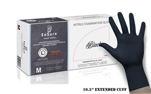 EnSure® Black Low Dermatitis Potential Fentanyl Resistant Medical Examination Nitrile Gloves Extended Cuff (Case of 1,000) - 5.5 Mil